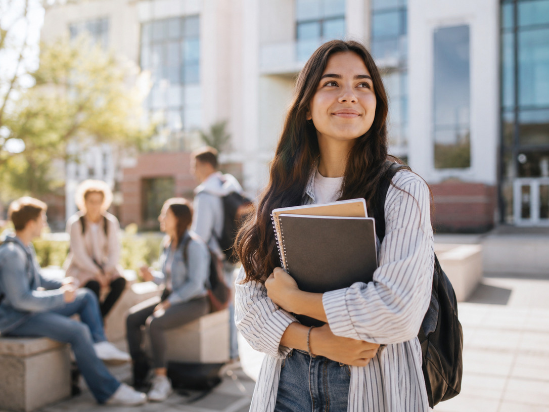 Estudante universitária em ambiente acadêmico